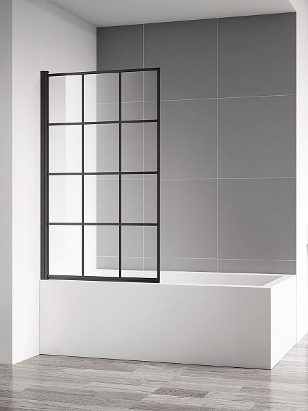 Шторка  на ванну AQUAme 800*1400мм., стекло 6мм, цвет профиля матовый черный. Вертикальные и горизонтальные декоративные линии