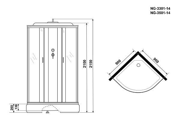 Душ.каб. NG-3301-14 (900х900х2150) низкий поддон(26см) стекло МАТОВОЕ 4 места
