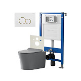 Сет: Система инсталляции Point Элемент для подвесного унитаза PN45120 + Клавиша смыва для инсталляции Point Виктория, белая/золото, PN44061WG + Унитаз подвесной Point Вега безободковый, сер мат, PN41711GM