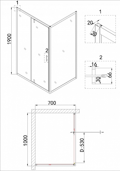 Душ.ограждение NG-63-10A-A70 (100*70*190) прямоугольник, дверь распашная, 2 места