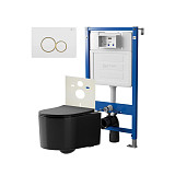 Сет: Система инсталляции Point Элемент для подвесного унитаза PN45120 + Клавиша смыва для инсталляции Point Виктория, белая/золото, PN44061WG + Унитаз подвесной Point Веста безободковый, чёрн мат, PN41701BM