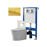 Сет: Система инсталляции Point Элемент для подвесного унитаза PN45120 + Клавиша смыва для инсталляции Point Афина, золото, PN44041G + Унитаз подвесной Point Вега безободковый, сиденье микролифт PN41711