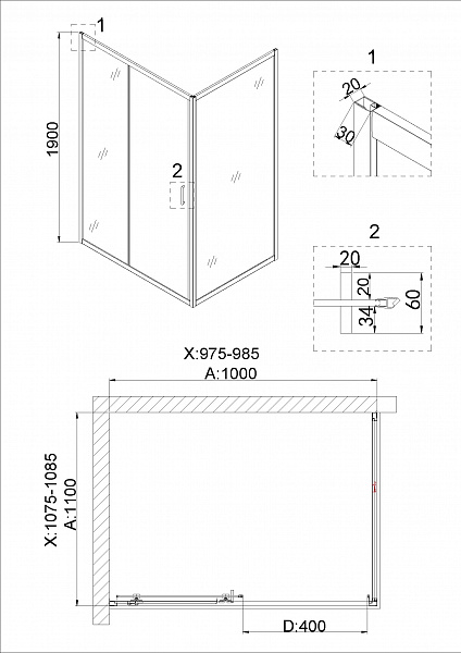 Душ.ограждение NG-42-10AG-A110G (100*110*190) прямоугольник, дверь раздвижная, 2 места