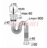 Сифон гофрированный Wirquin Мини Элит 1½ х 40/50 мм, нерж. чашка D70 мм, L800 мм, с хомутом жёсткости