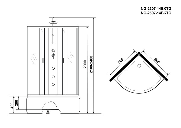 Душ.каб. NG-2307-14BKTG (800х800х2100-2400) высокий поддон(40см) стекло МАТОВОЕ 4 места