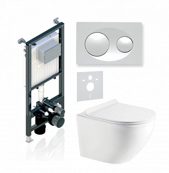 Комплект KOLLER POOL для монтажа  подвесного унитаза: Инсталляция Alcora ST 1200 с клавишей GRACE  White, Унитаз ROUND Rimless, сиденье дюропласт: SoftClose, Take Off, антибактериальное покрытие, система «Антивсплеск»