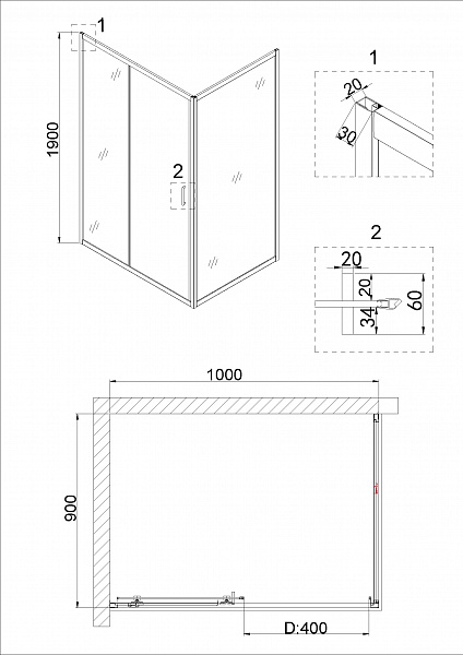 Душ.ограждение NG-62-10A-A90 (100*90*190) прямоугольник, дверь раздвижная, 2 места