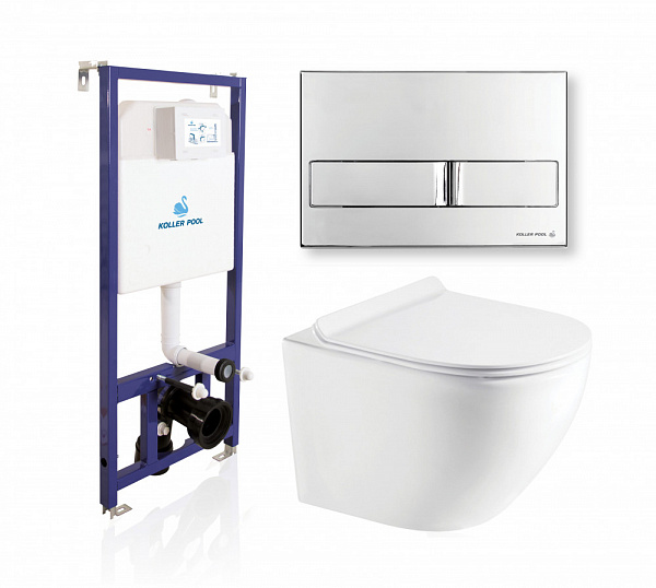 Комплект KOLLER POOL для монтажа  подвесного унитаза: Инсталляция DUNE 1200 SL с клавишей NEON Chrome, Унитаз ROUND Rimless, сиденье дюропласт: SoftClose, Take Off, антибактериальное покрытие, система «Антивсплеск»