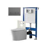 Сет: Система инсталляции Point Элемент для подвесного унитаза PN45120 + Клавиша смыва для инсталляции Point Меркурий, цвет графит, PN44831GM + Унитаз подвесной Point Вега безободковый, сиденье микролифт PN41711