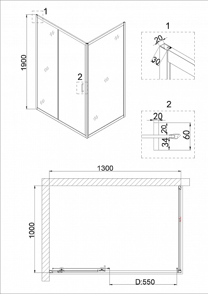Душ.ограждение NG-62-13A-A100 (130*100*190) квадрат, дверь раздвижная, 2 места