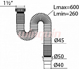 Сифон гофрированный Wirquin Элит 1½ х 50/40 мм без выпуска, L600 мм, с хомутом жёсткости