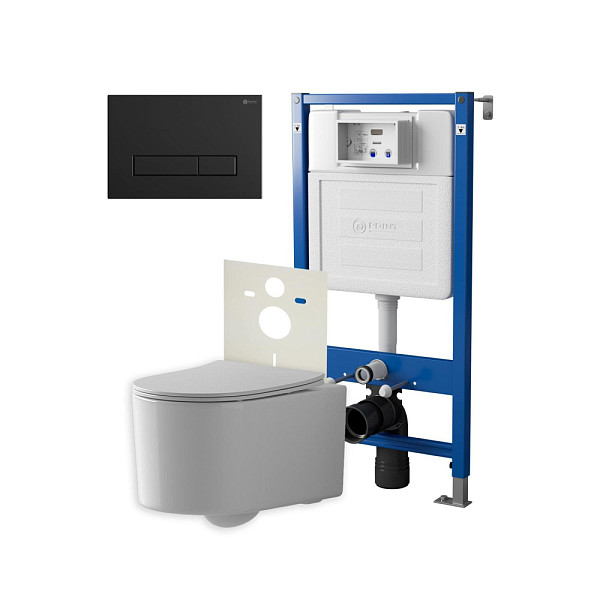 Сет: Система инсталляции Point Элемент для подвесного унитаза PN45120 + Клавиша смыва для инсталляции Point Меркурий, черная матовая, PN44831BM + Унитаз подвесной Point Веста безободковый, белый, сиденье дюропласт, микролифт, быстросъем. PN41701