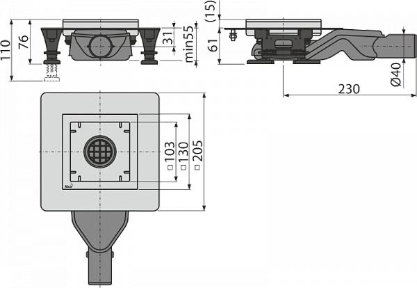 Сливной трап AlcaPlast APV110 из нержавеющей стали экстра низкий 130x130