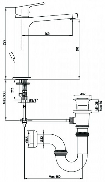 Смеситель для раковины с удлиненным корпусом и донным клапаном ECA Tiera 102188013EX