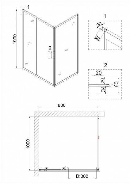 Душ.ограждение NG-62-8A-A100 (80*100*190) прямоугольник, дверь раздвижная, 2 места