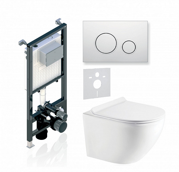 Комплект KOLLER POOL для монтажа  подвесного унитаза: Инсталляция Alcora ST 1200 с клавишей TWIN  White, Унитаз ROUND Rimless, сиденье дюропласт: SoftClose, Take Off, антибактериальное покрытие, система «Антивсплеск»
