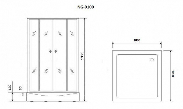 Душ. уголок NG-0100-14 (1000х1000х1950) низкий поддон(14см), стекло прозрачное,  2 места