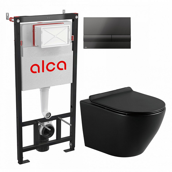 Система инсталляций Circulo Black: инсталяция, кнопка черная матовая, унитаз цвет черный матовый,подвесной безободковый, сиденье дюропласт , микролифт , быстросьемное  Selena C001NM/M1718