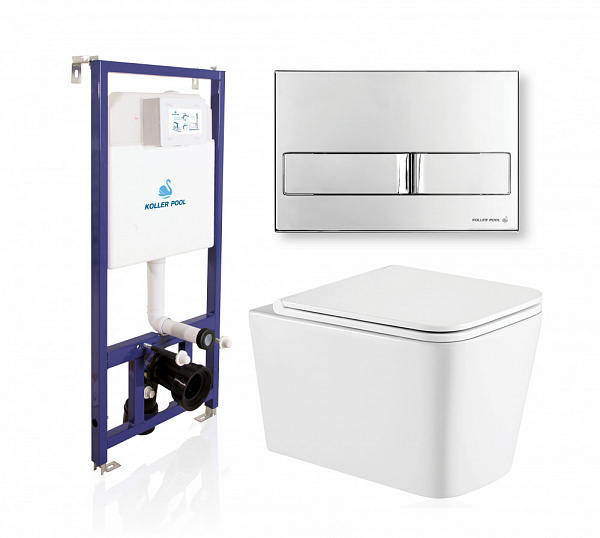 Комплект KOLLER POOL для монтажа  подвесного унитаза: Инсталляция DUNE 1200 SL с клавишей NEON Chrome, Унитаз KVADRO Rimless, сиденье дюропласт: SoftClose, Take Off, антибактериальное покрытие, система «Антивсплеск»