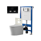 Сет: Система инсталляции пневматическая Point Элемент П для подвесного унитаза PN45121 + Клавиша смыва для пневматической инсталляции Point Венера, черный/хром, PN44071BC + Унитаз подвесной Point Вега безободковый, сиденье микролифт PN41711