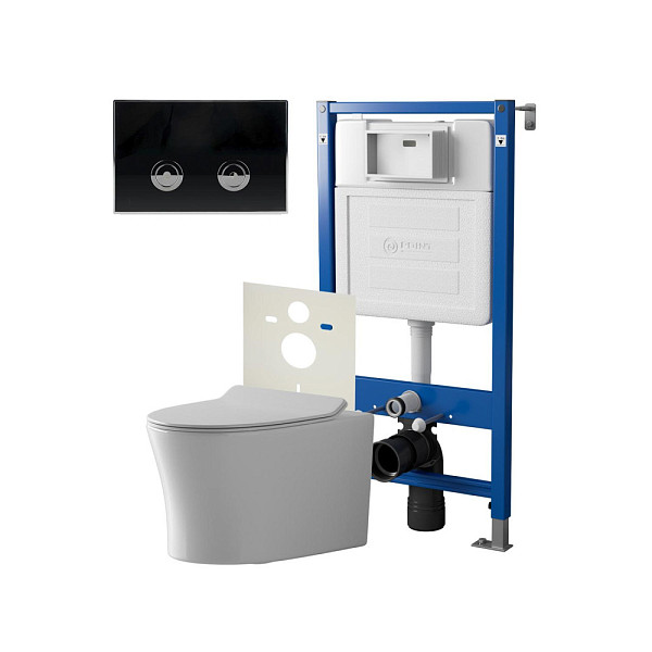 Сет: Система инсталляции пневматическая Point Элемент П для подвесного унитаза PN45121 + Клавиша смыва для пневматической инсталляции Point Венера, черный/хром, PN44071BC + Унитаз подвесной Point Вега безободковый, сиденье микролифт PN41711