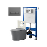 Сет: Система инсталляции Point Элемент для подвесного унитаза PN45120 + Клавиша смыва для инсталляции Point Меркурий, цвет графит, PN44831GM + Унитаз подвесной Point Вега безободковый, сер мат, PN41711GM