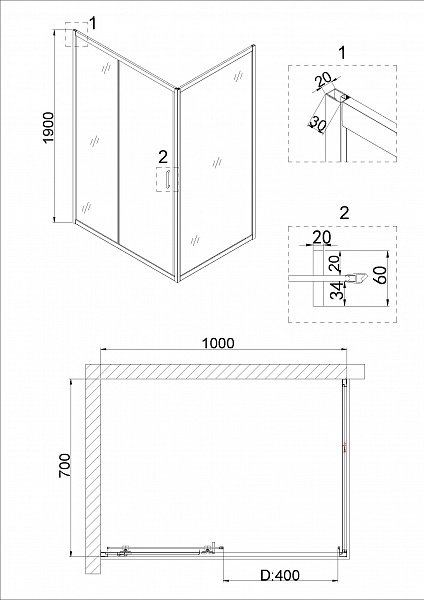 Душ.ограждение NG-62-10A-A70 (100*70*190) прямоугольник, дверь раздвижная, 2 места
