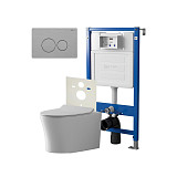 Сет: Система инсталляции Point Элемент для подвесного унитаза PN45120 + Клавиша смыва для инсталляции Point Виктория, нержавеющая сталь, сталь брашированная, PN44061SB + Унитаз подвесной Point Вега безободковый, сиденье микролифт PN41711