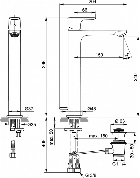 Смеситель Ideal Standard Connect Air A7025AA для раковины-чаши с донным клапаном