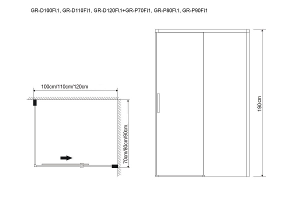 Душ.ограждение GR-D110-P90 Fly1 (110*90*190) прямоугольник, дверь раздвижная 2 места