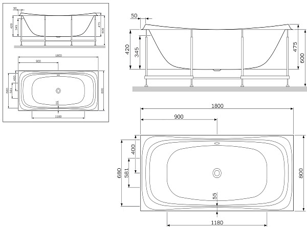 W30A-180-080W-R Sensation, каркас для ванны акриловой A0 180х80 см