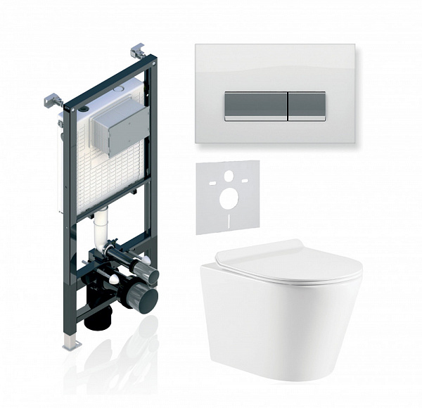 Комплект KOLLER POOL для монтажа  подвесного унитаза: Инсталляция Alcora ST 1200 с клавишей INTEGRO  White Glass, Унитаз ORION Rimless, сиденье дюропласт: SoftClose, Take Off, антибактериальное покрытие, система «Антивсплеск»