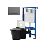 Сет: Система инсталляции Point Элемент для подвесного унитаза PN45120 + Клавиша смыва для инсталляции Point Меркурий, цвет графит, PN44831GM + Унитаз подвесной Point Вега безободковый, чёрн мат, PN41711BM