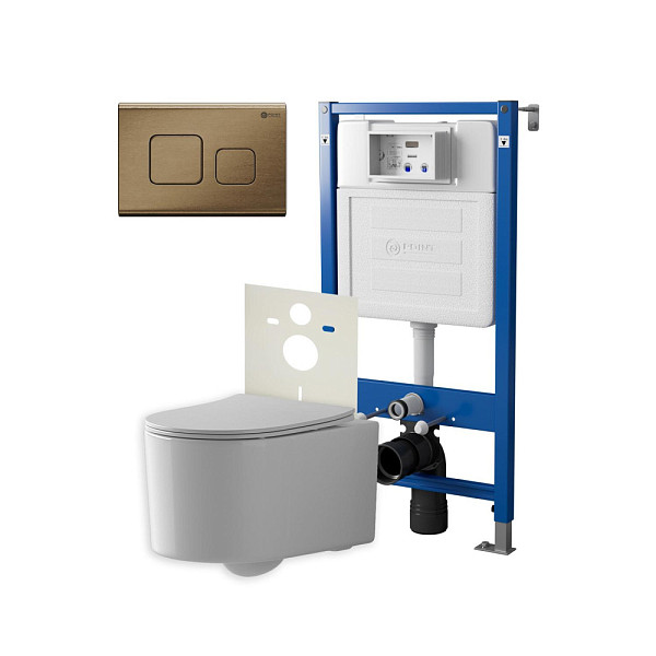 Сет: Система инсталляции Point Элемент для подвесного унитаза PN45120 + Клавиша смыва для инсталляции Point Афина, бронза брашированная, PN44041BB + Унитаз подвесной Point Веста безободковый, белый, сиденье дюропласт, микролифт, быстросъем. PN41701