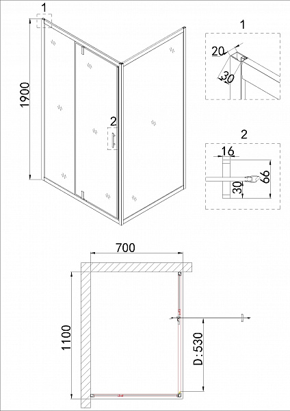 Душ.ограждение NG-63-11A-A70 (110*70*190) прямоугольник, дверь распашная, 2 места