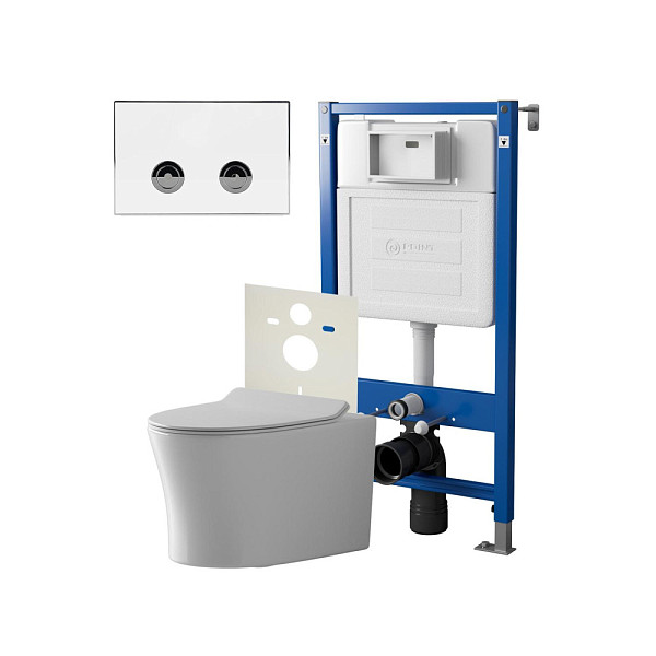 Сет: Система инсталляции пневматическая Point Элемент П для подвесного унитаза PN45121 + Клавиша смыва для пневматической инсталляции Point Венера, белый/хром, PN44071WC + Унитаз подвесной Point Вега безободковый, сиденье микролифт PN41711