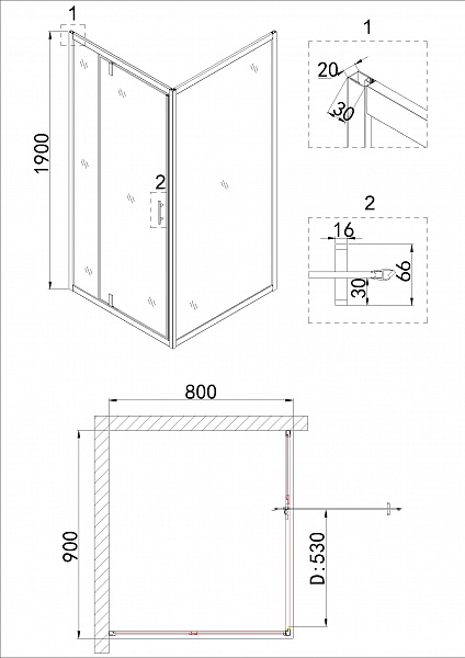 Душ.ограждение NG-63-9A-A80 (90*80*190) прямоугольник, дверь распашная, 2 места