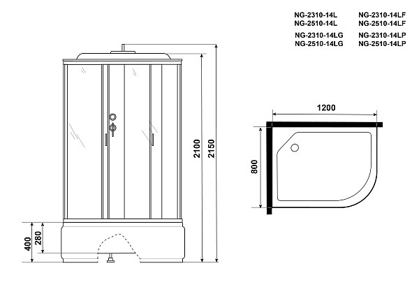 Душ.каб. NG-2510-14LG (1200х800х2150) высокий поддон(40см) стекло ТОНИРОВАННОЕ 4 места