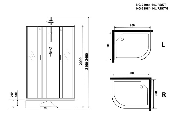 Душ.каб. NG-33984-14LBKT (900х800х2100-2400) средний поддон (26см) стекло МАТОВОЕ 4 места