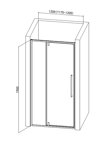 Душевая дверь в нишу AQUAme 1200*1950мм., стекло 6мм, цвет профиля матовый черный.