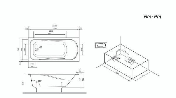 W75A-150-070W-KL Sense Ванна 150x70, каркас, слив-перелив, комплект