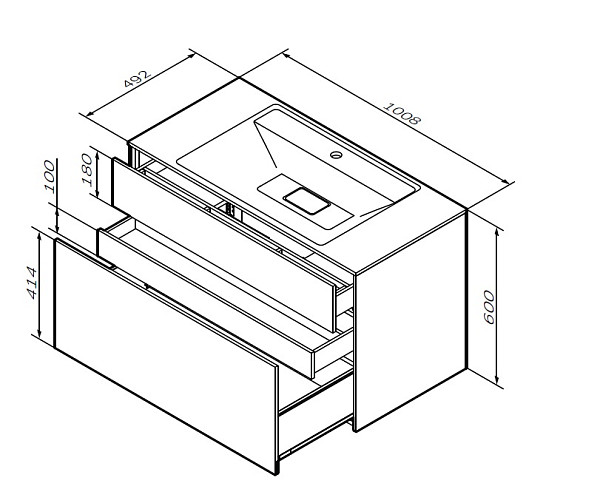 M50AFHX1003GM Inspire V2.0, База под раковину, подвесная, 100 см, 3 ящика, push-to-open, графит мато