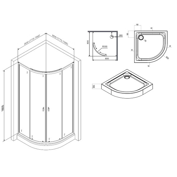 W88E-205-080MT64 X-Joy Twin Slide,  Душевое ограждение c поддоном, 80x80, профиль мат хром