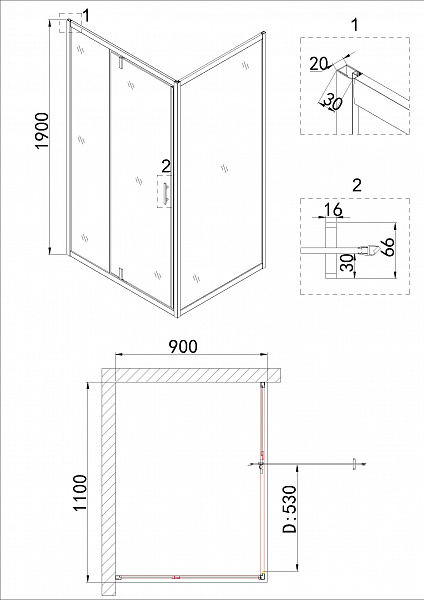 Душ.ограждение NG-83-11AB-A90B (110*90*190) прямоугольник, дверь распашная, 2 места