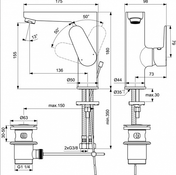 Смеситель Ideal Standard Cerafine O BC497AA для раковины с донным клапаном